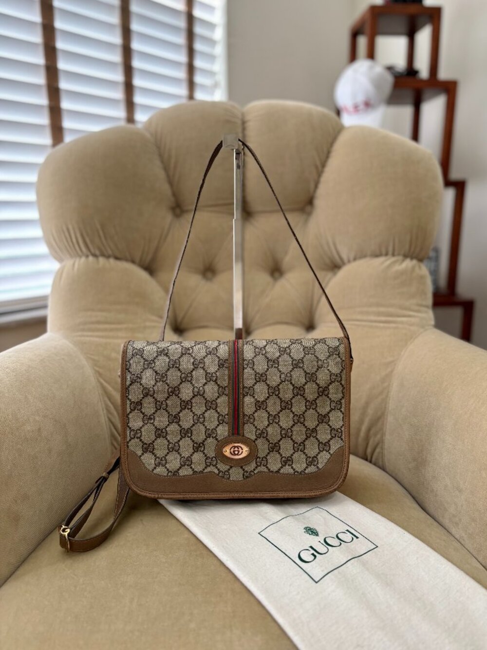 VTG Auth GUCCI Supreme GG Monogram Web Brown Coated Canvas Pigskin Shoulder Bag